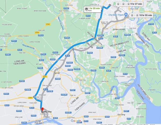 The distance from the center of Ho Chi Minh City to the center of My Tho is about 70 kilometers