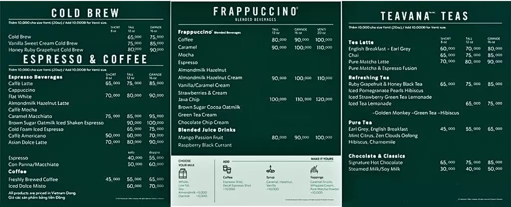 Starbucks menu in Vietnam