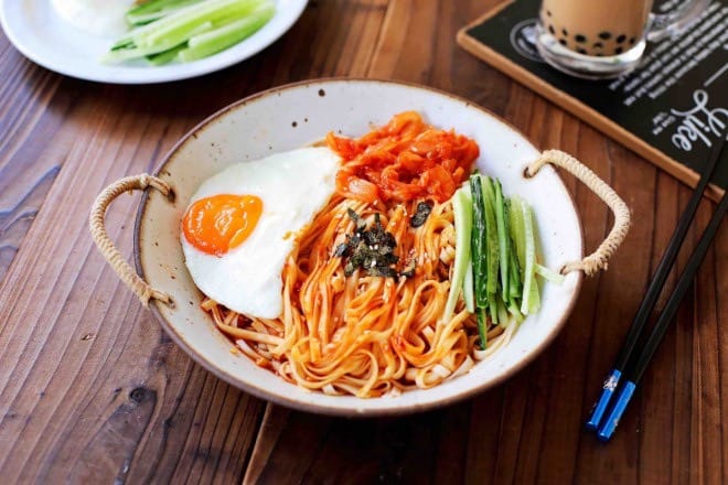 Dry Noodles Vietnam With Kimchi And Shredded Cucumber